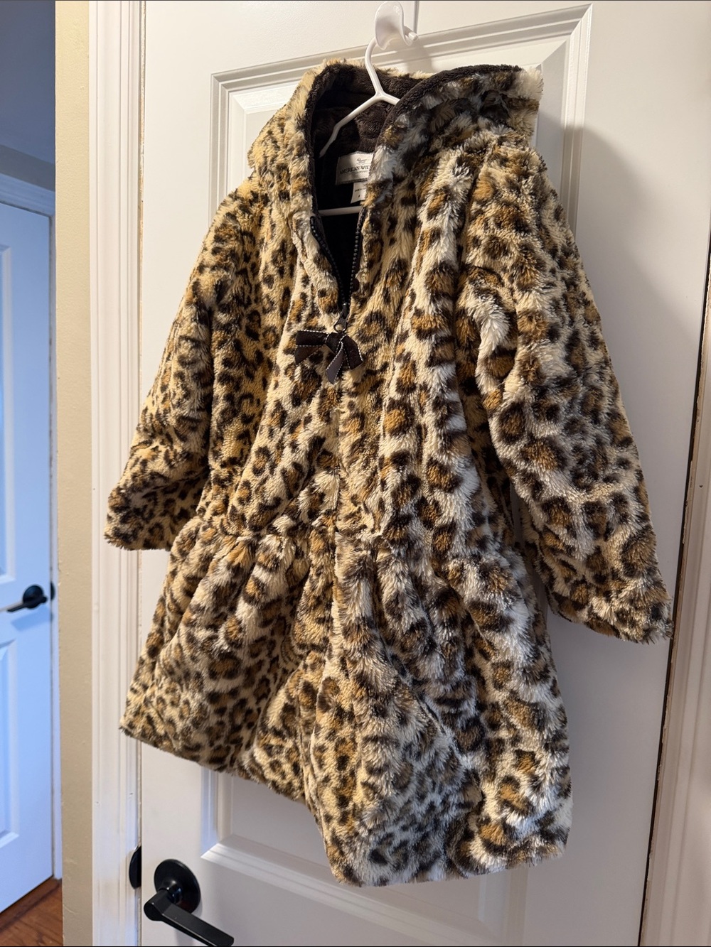 Kids Leopard Faux Fur Hooded Pea Coat - Brown